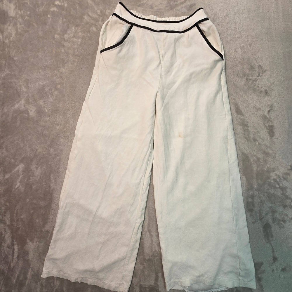 Sienna Sky White Wide Leg Linen Blend Pants Black Piping CSET1020 Large